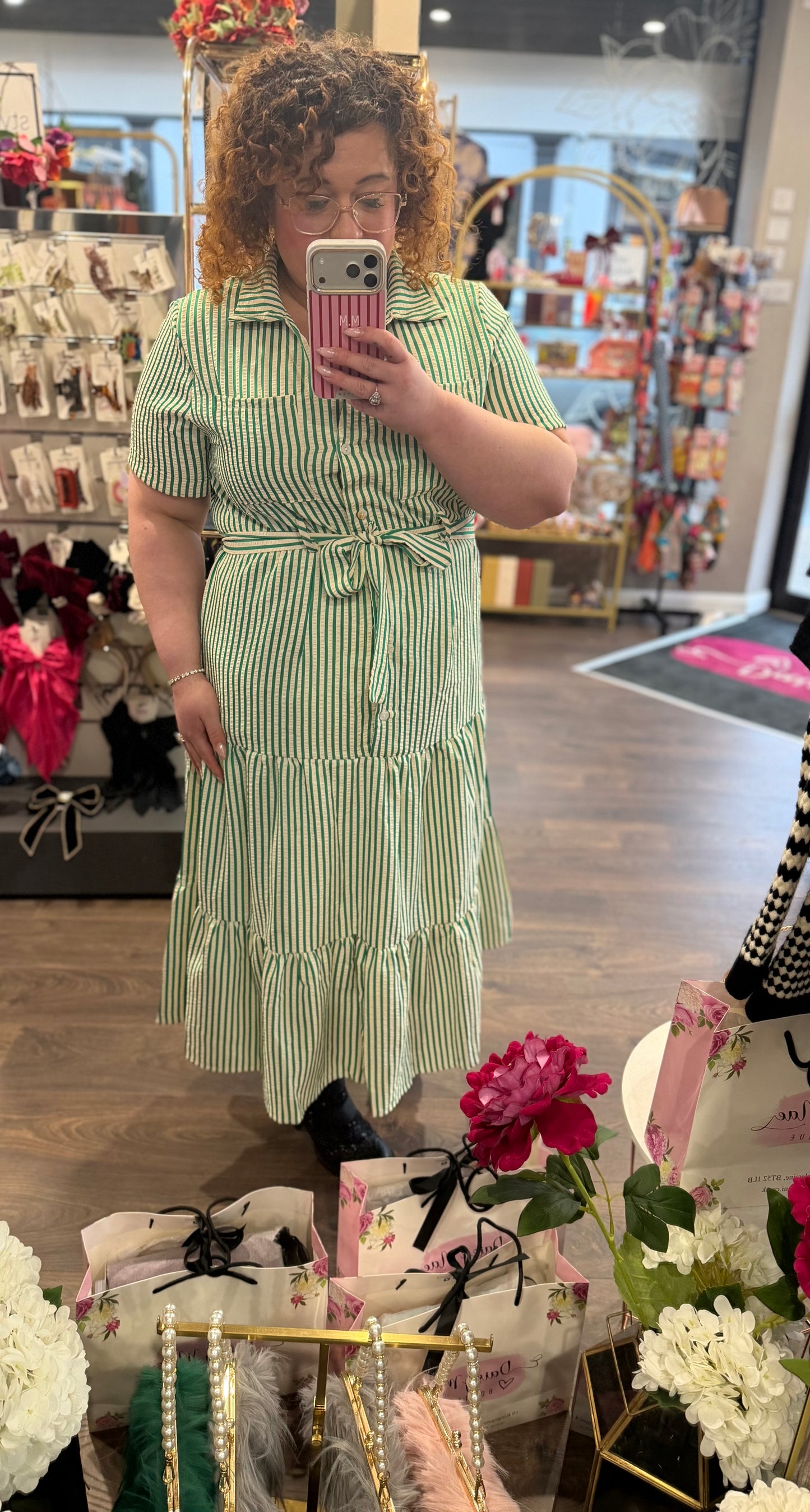 DMB Green Pinstripe Tiered Dress