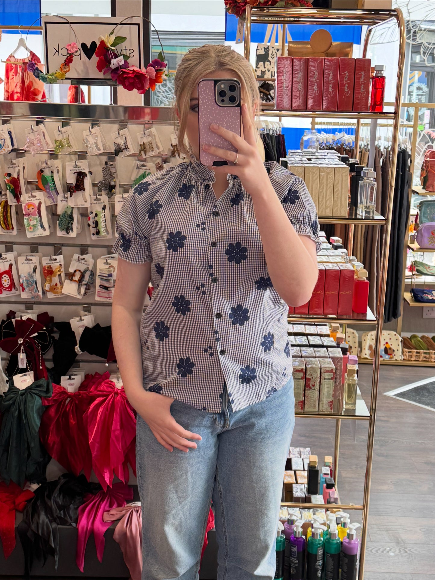 DMB Blue Check Flower Blouse