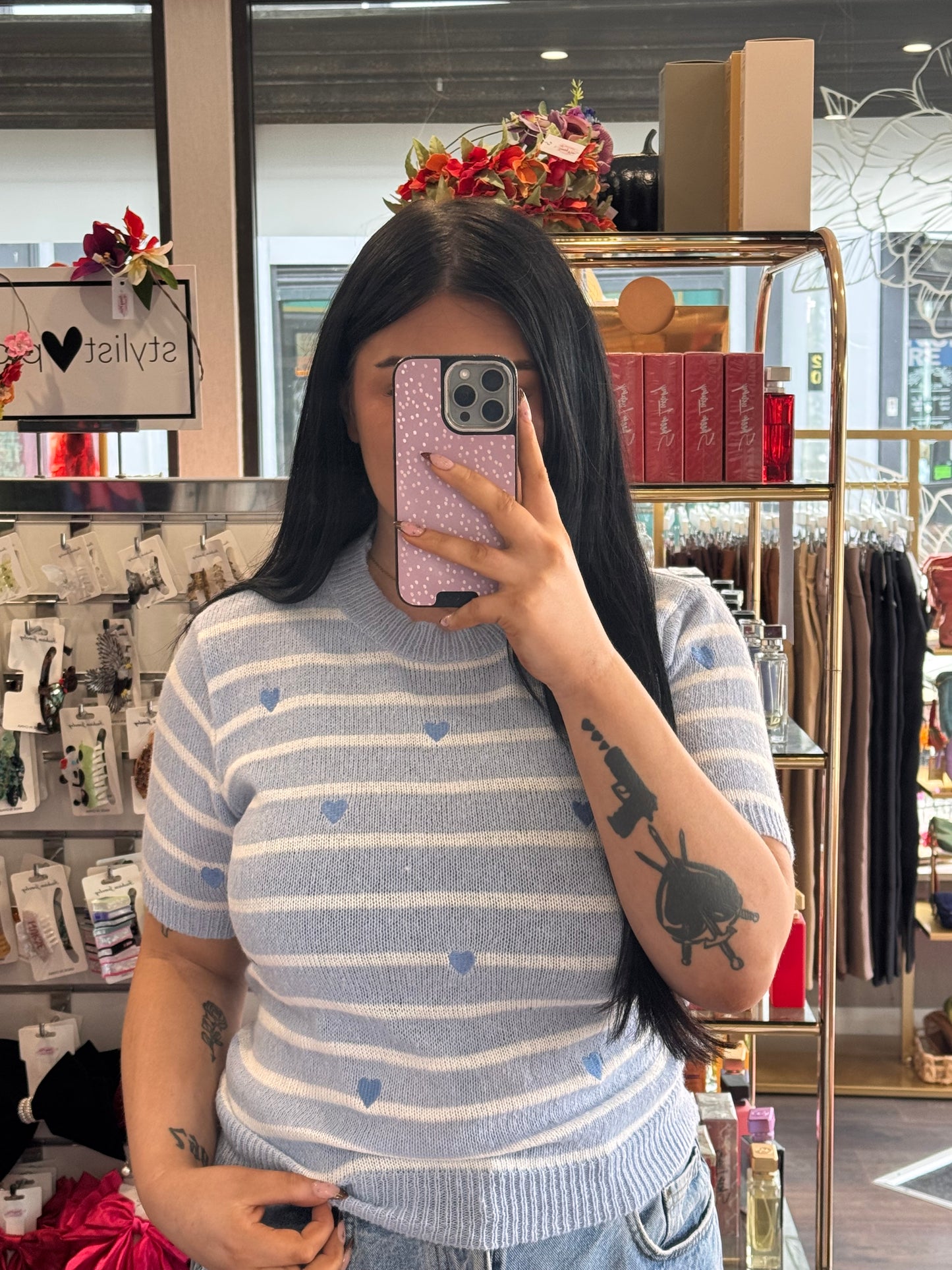 DMB Blue Stripe Heart Short Sleeve Knit