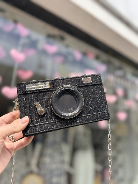 DMB Black Glitter Sparkly Camera Cross Body Bag