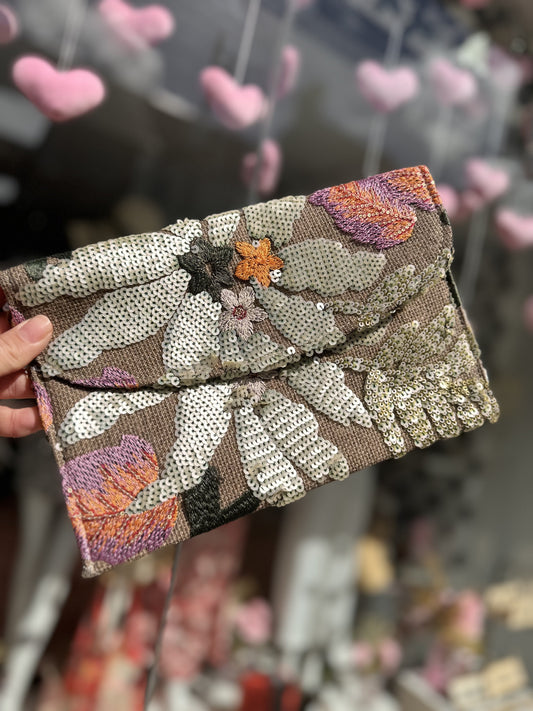 DMB Green / Grey Embroided & Sequin Clutch