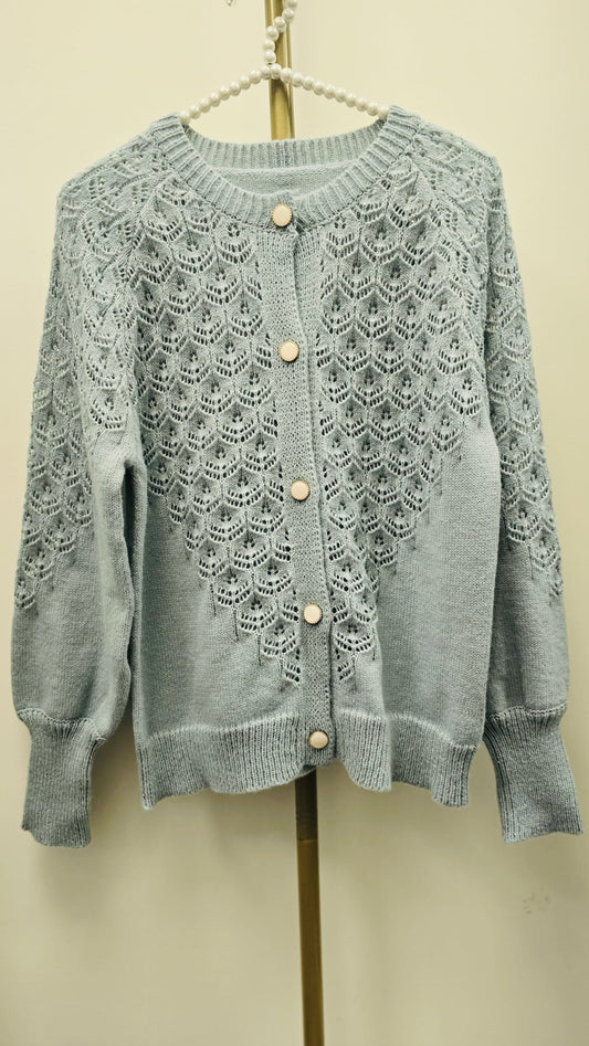 DMB Pale Blue Crochet Stylet Cardigan with Pearlised Buttons