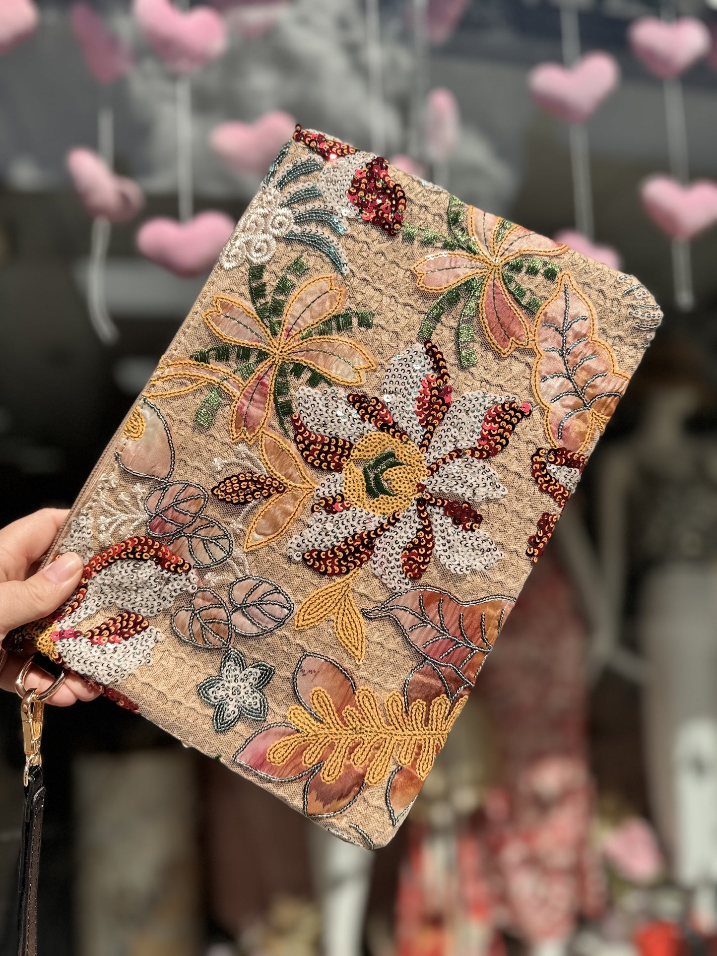 DMB  Orange / Bronze  Embroided & Sequin Large Wristlet Clutch