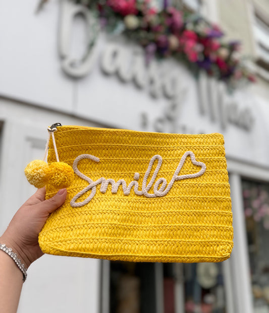 DMB Yellow Raffia Smile Pom Pom Clutch