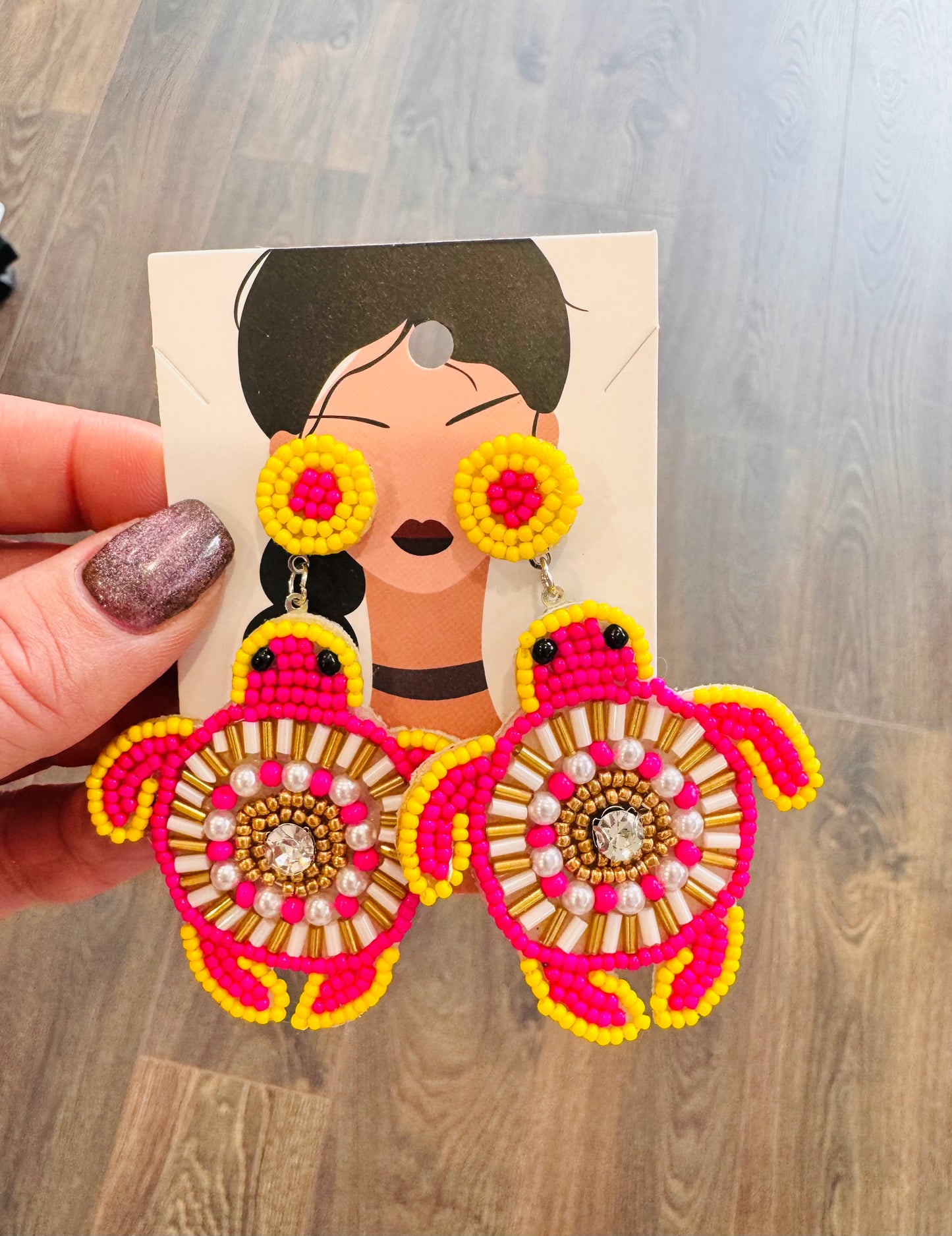 DMB Pink Beaded Turtle Earrings