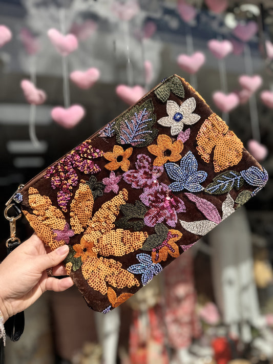 DMB Pink / Orange  Embroided & Sequin Large Wristlet Clutch