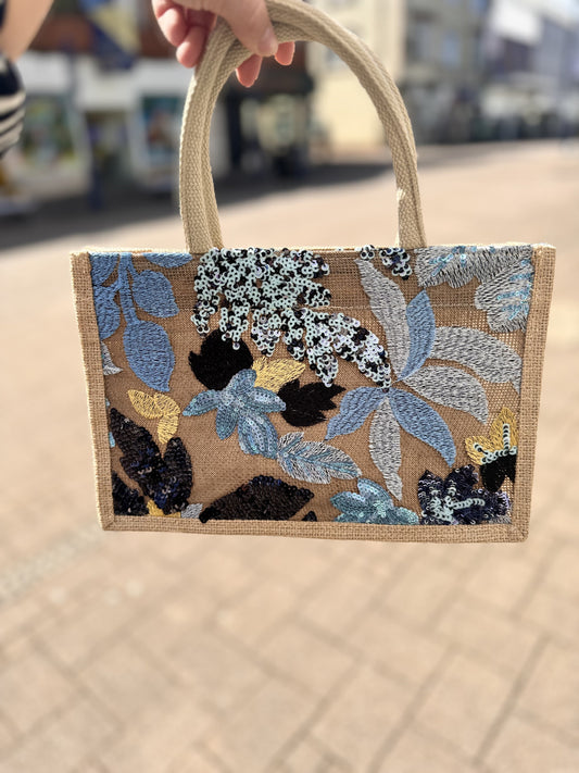 DMB m Navy / Light Blue Embroided & Sequin Small Tote Bag