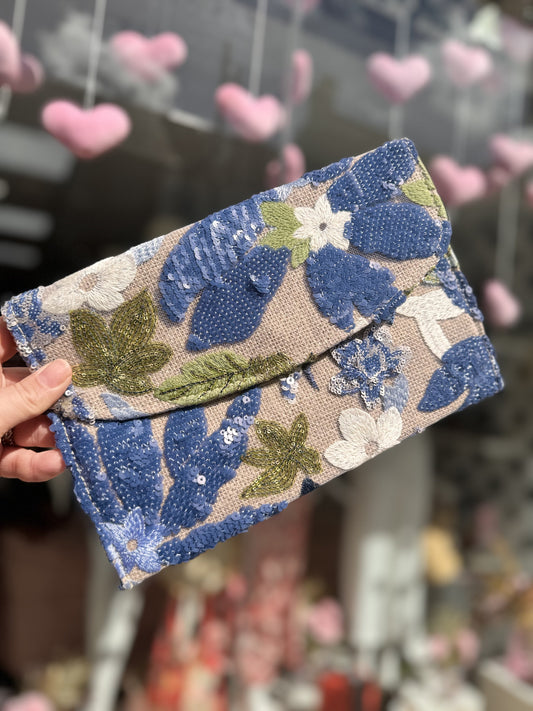 DMB Blue / Green  Embroided & Sequin Flap Clutch