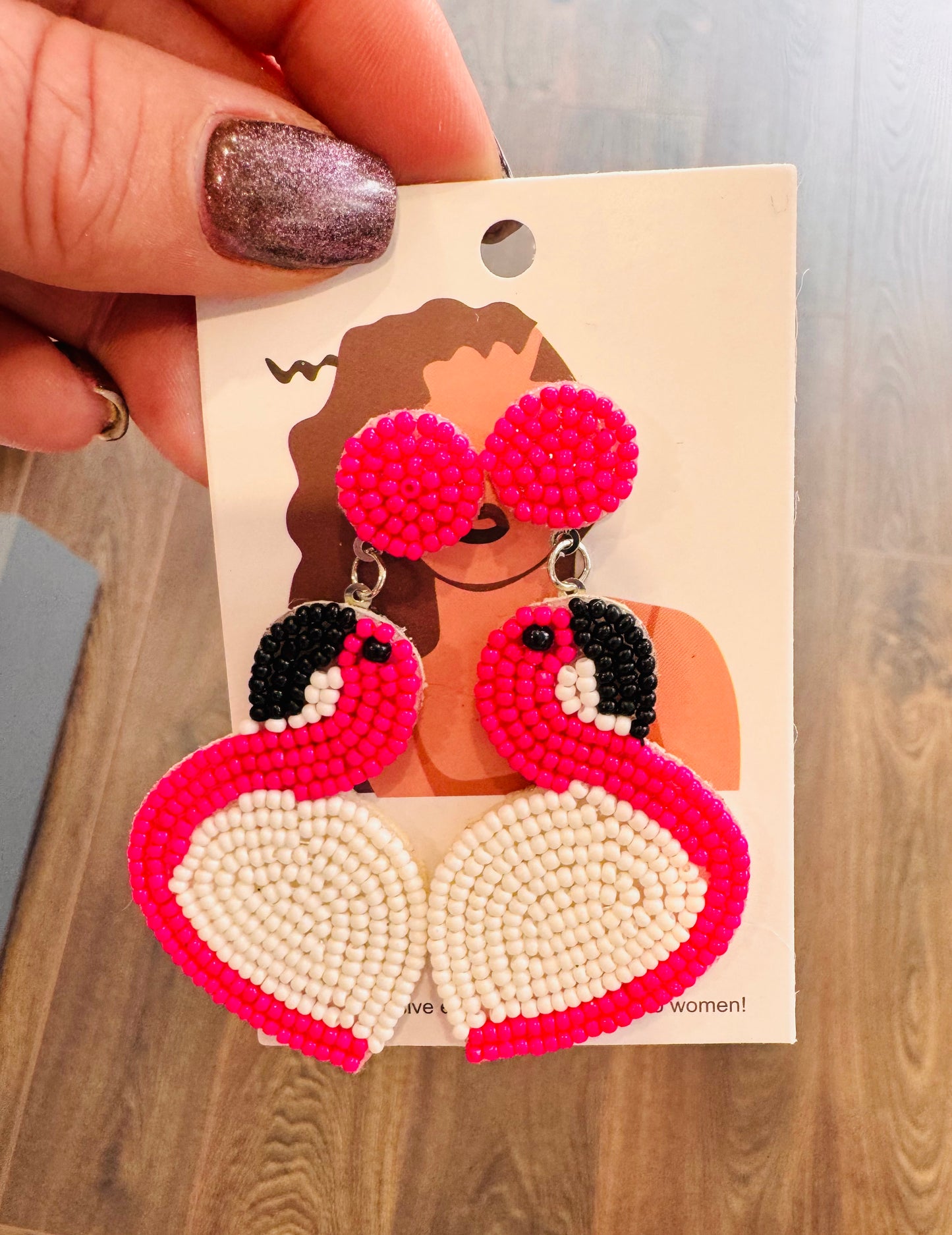 DMB Pink& White Beaded Flamingo Earrings
