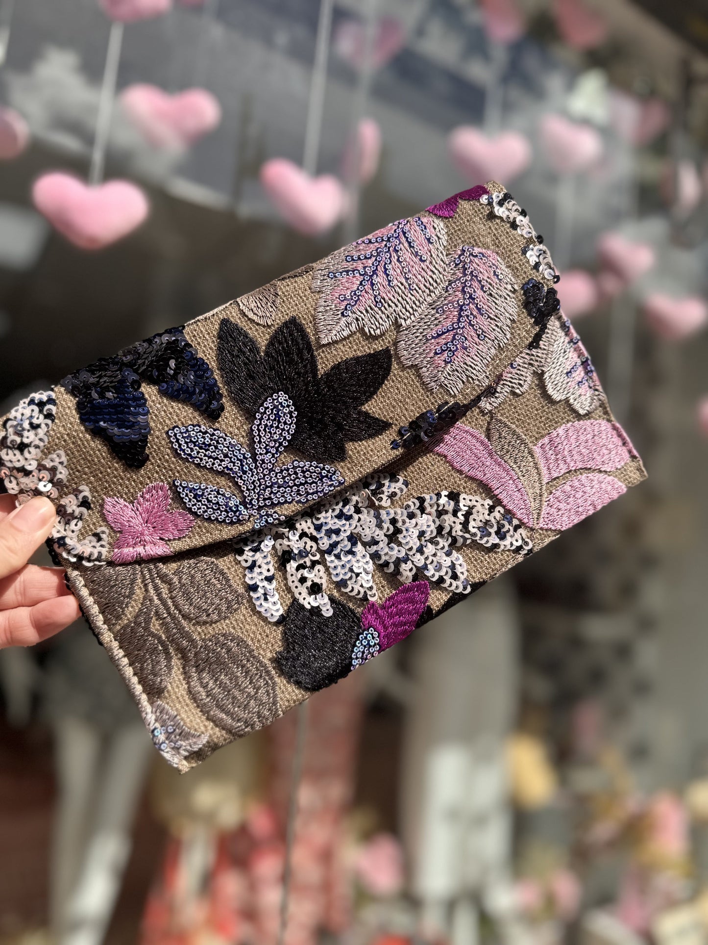 DMB Purple / Black  Embroided & Sequin Flap Clutch