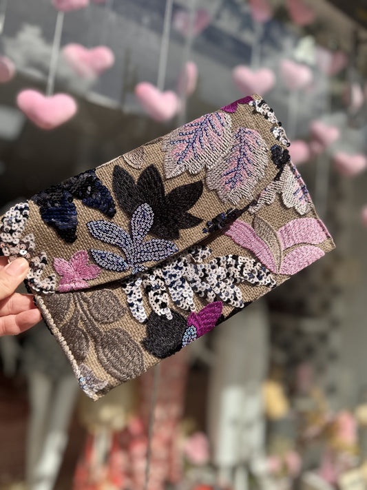 DMB Purple / Black  Embroided & Sequin Flap Clutch