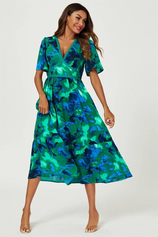 FS Collection Green Angel Sleeve Floral Maxi Dress