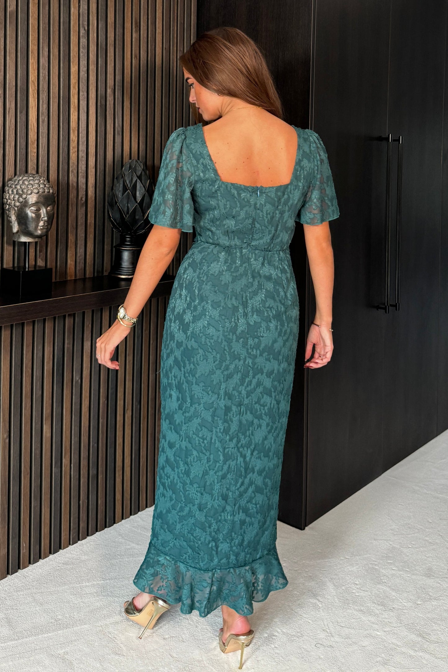 GIM Heidi Green Floral Burnout Ruched Midi Dress