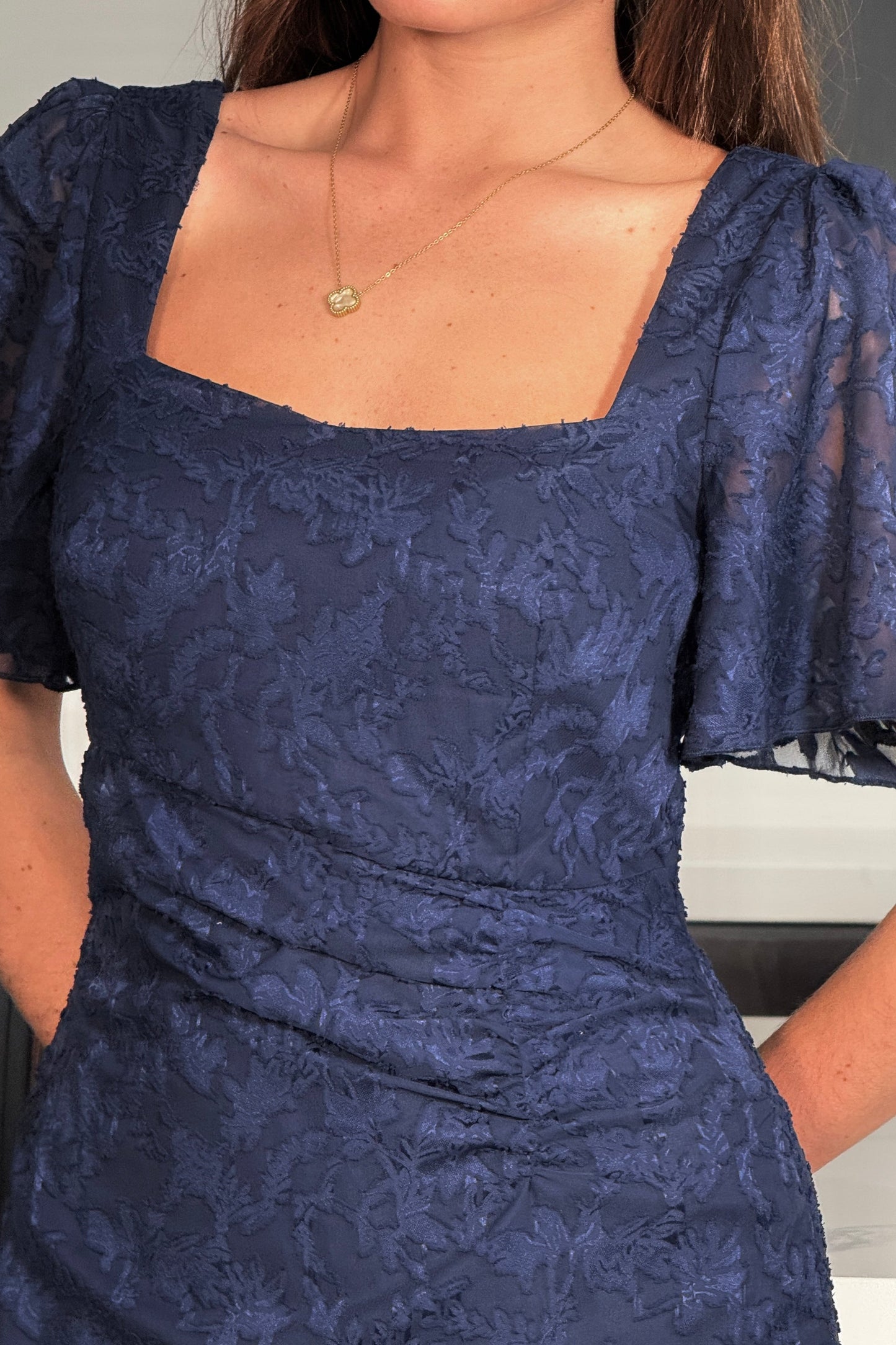 GIM Heidi Navy Floral Burnout Ruched Midi Dress