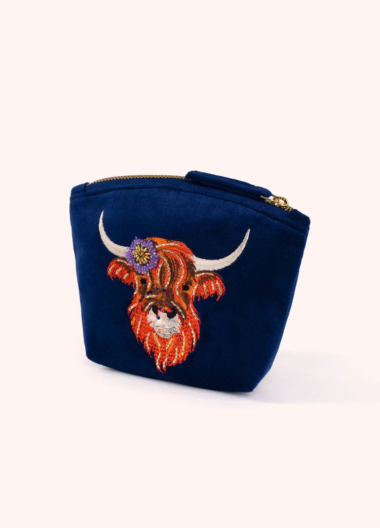 POWDER EMBROIDERED VELVET MINI POUCH - HIGHLAND COW