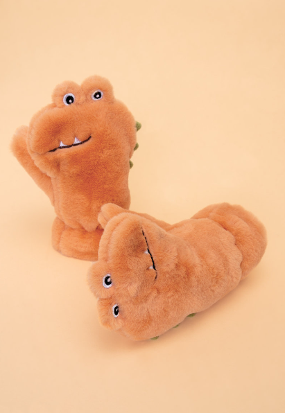 Powder Kids Toothy Dino Fluffy Mittens - Coral