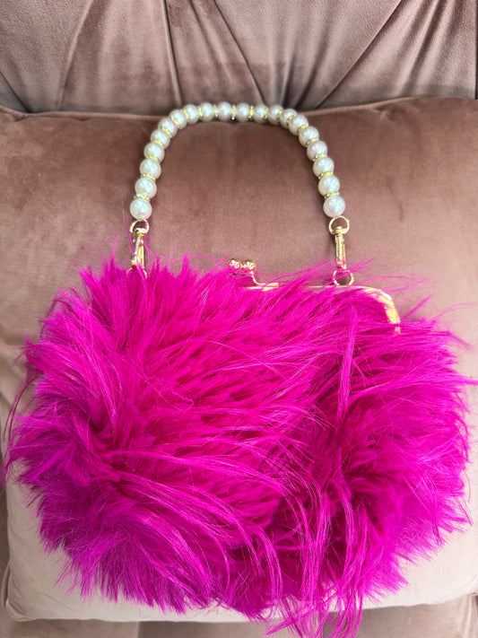 DMB Fluffy Pearl Handle Clutch Bag Fuchsia