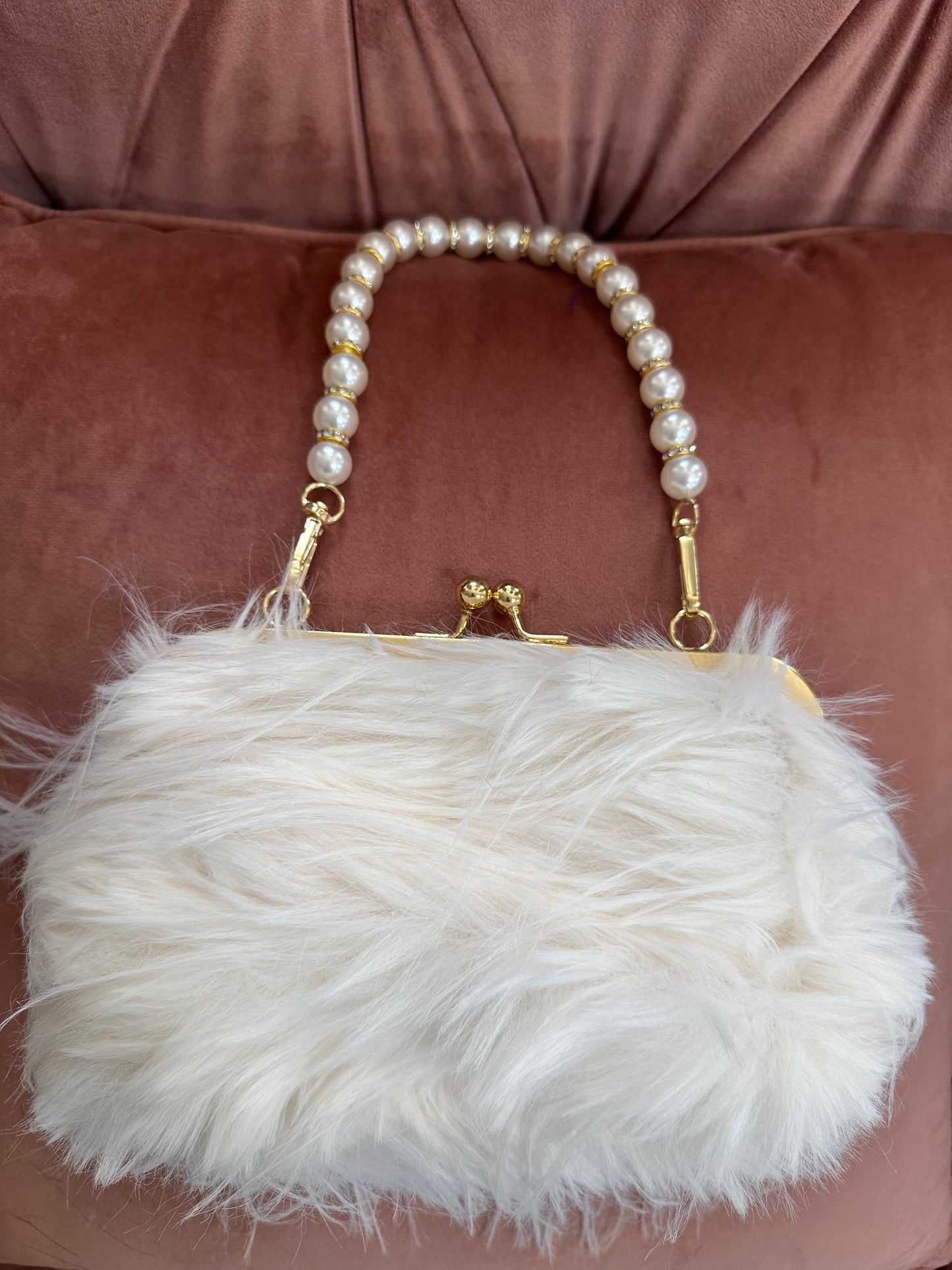 DMB Fluffy Pearl Handle Clutch Bag White