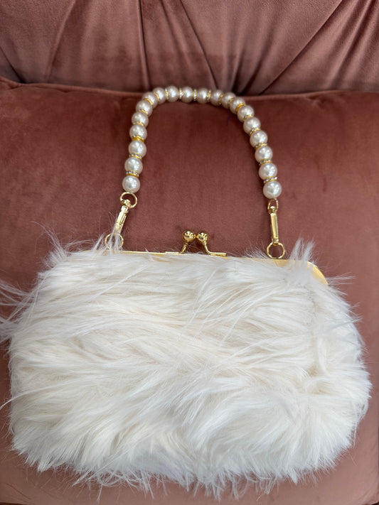 DMB Fluffy Pearl Handle Clutch Bag White