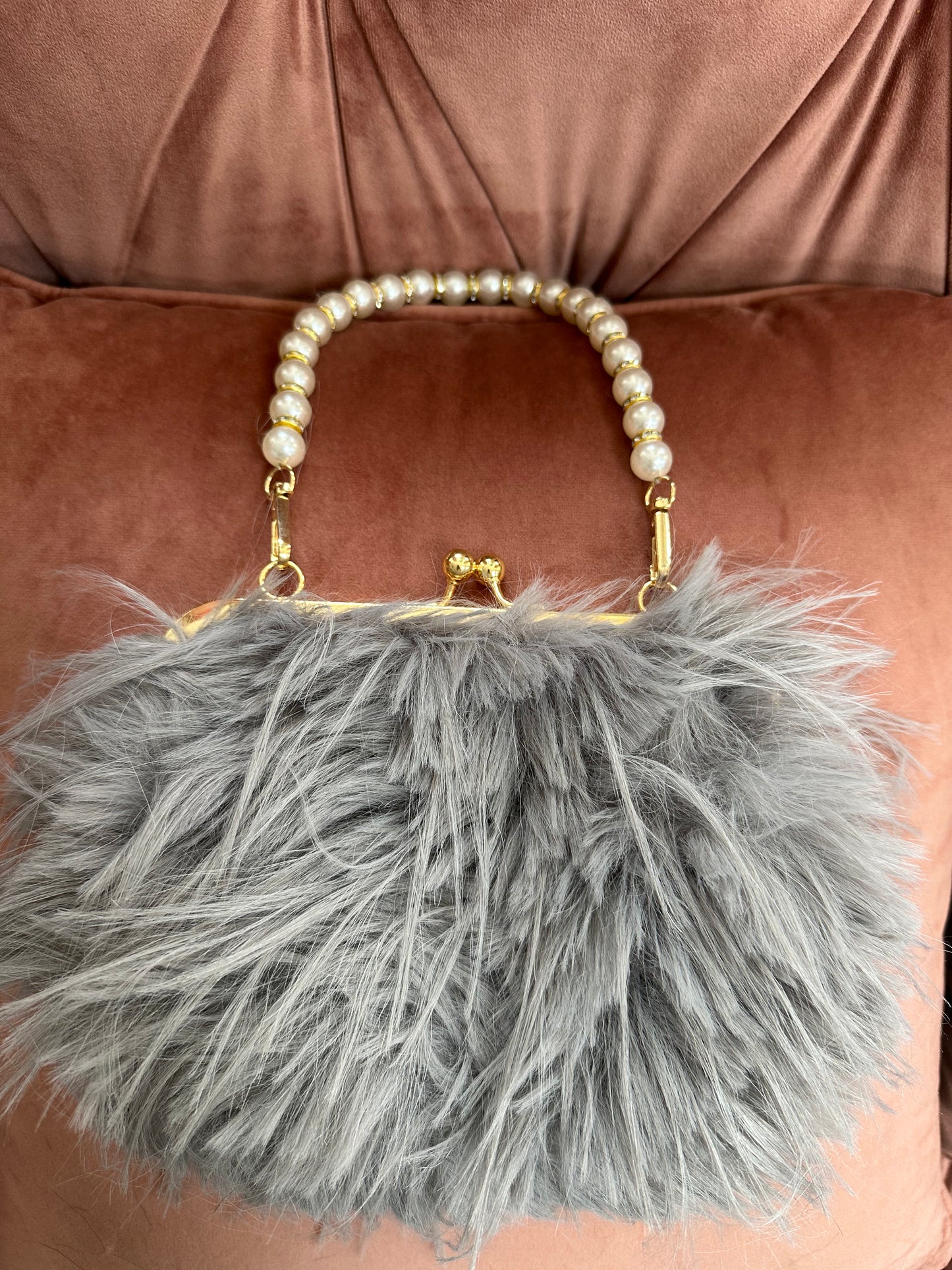 DMB Fluffy Pearl Handle Clutch Bag Grey