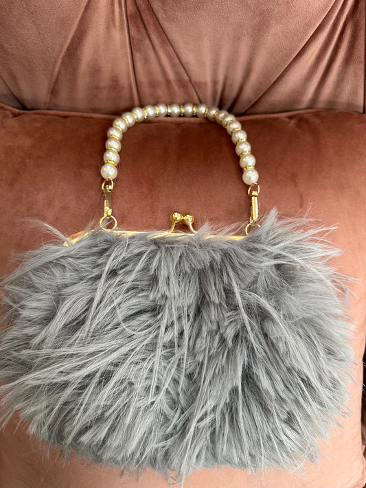 DMB Fluffy Pearl Handle Clutch Bag Grey