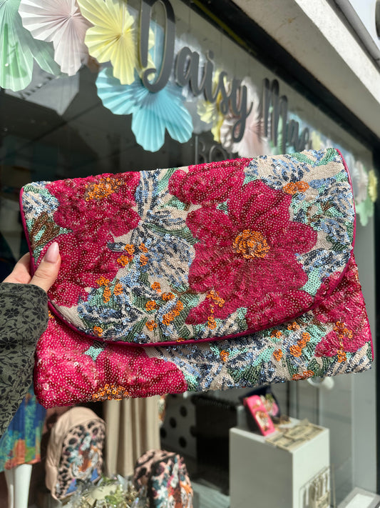 DMB Floral Sequin Clutch Fuchsia