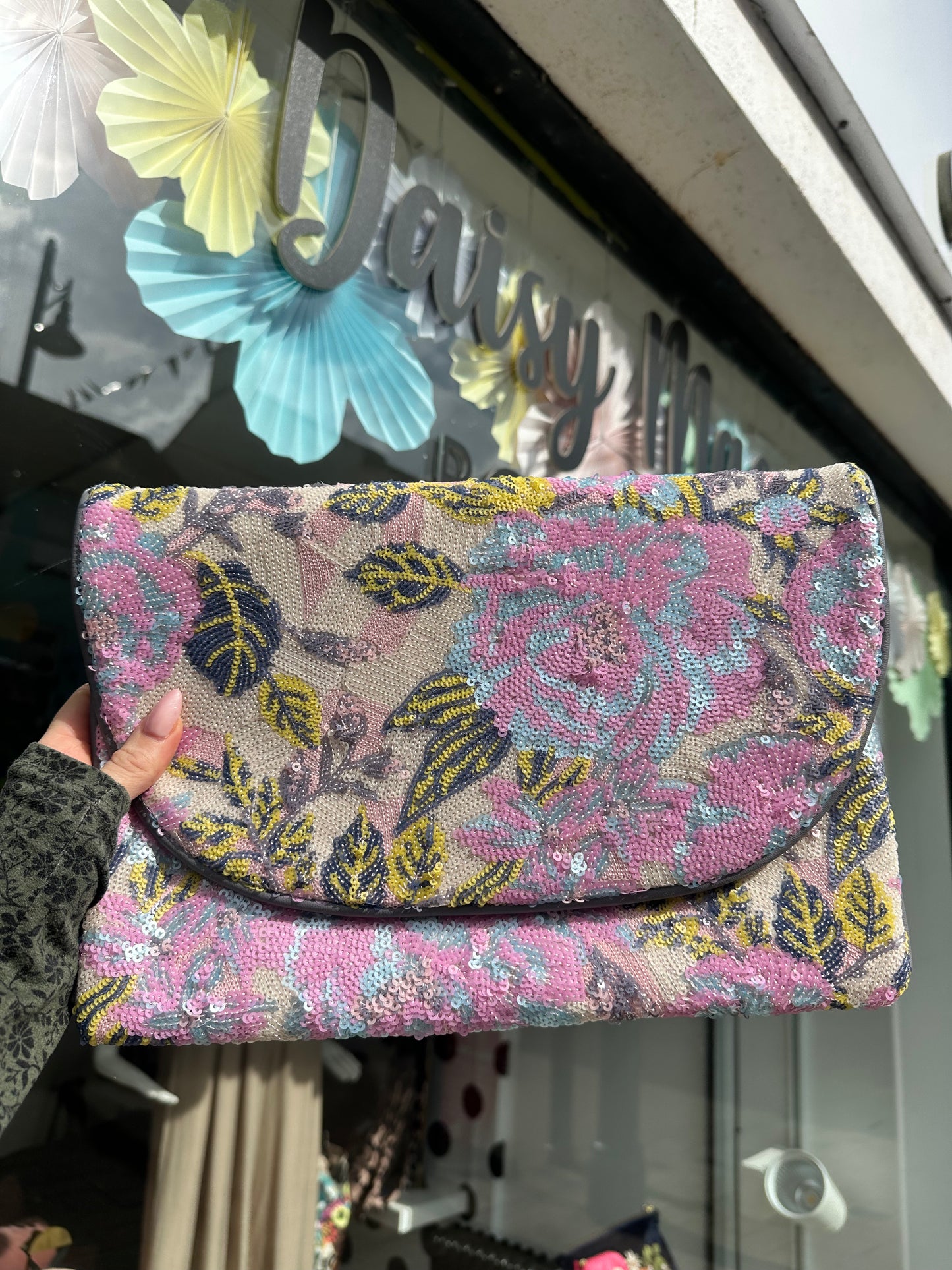 DMB Floral Sequin Clutch Grey/Lilac