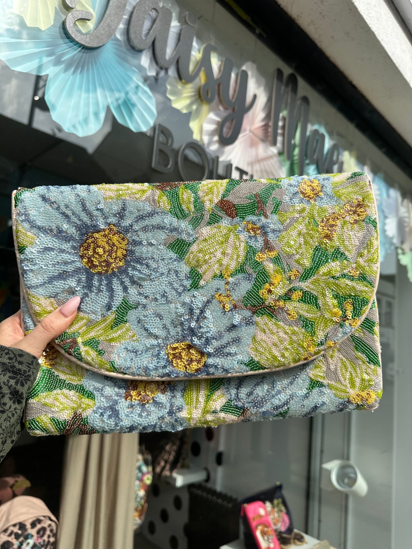 DMB Floral Sequin Clutch Cream/Blue