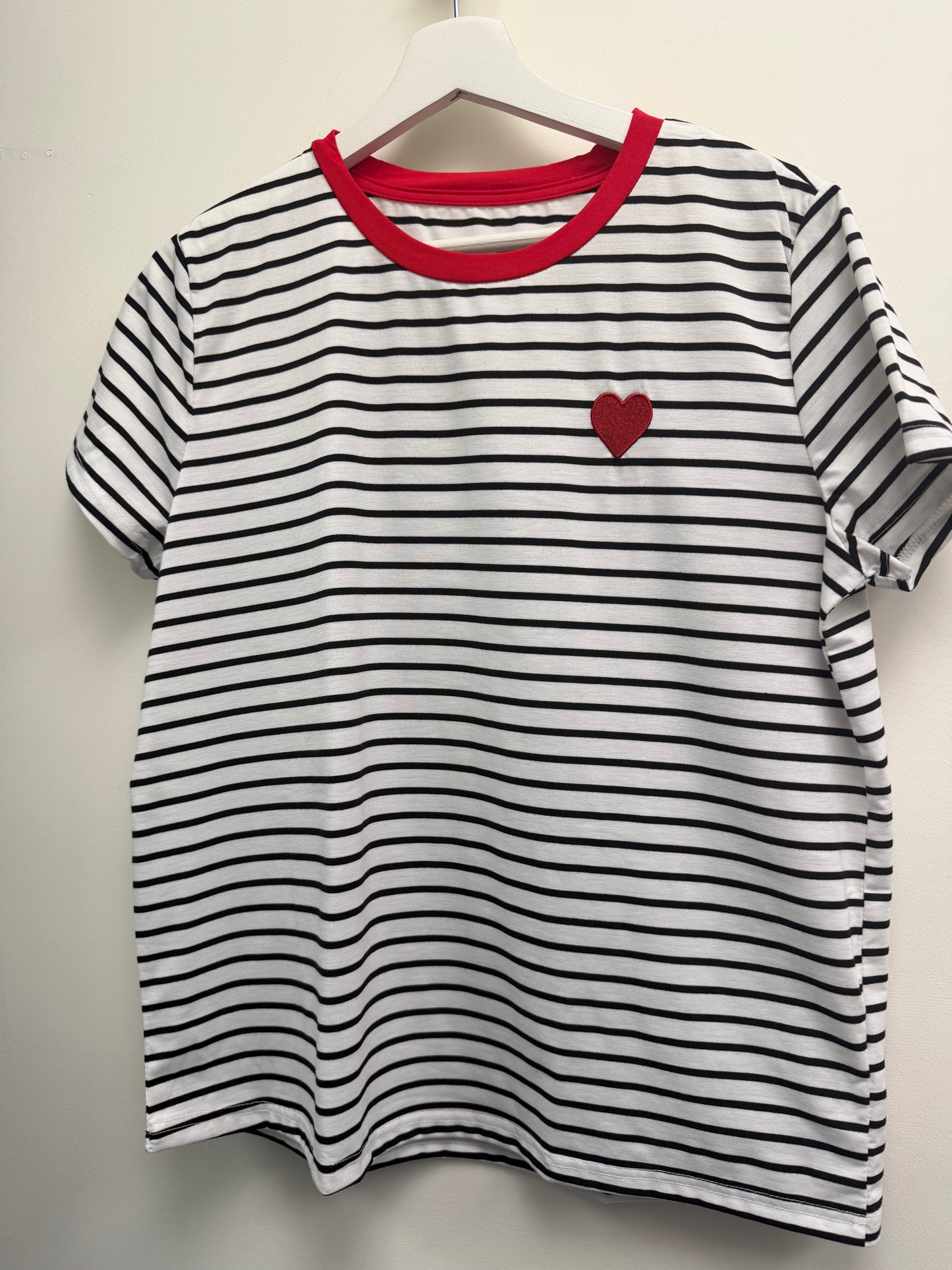 DMB Pink Trim Black / White Striped Heart Embroided T-Shirt