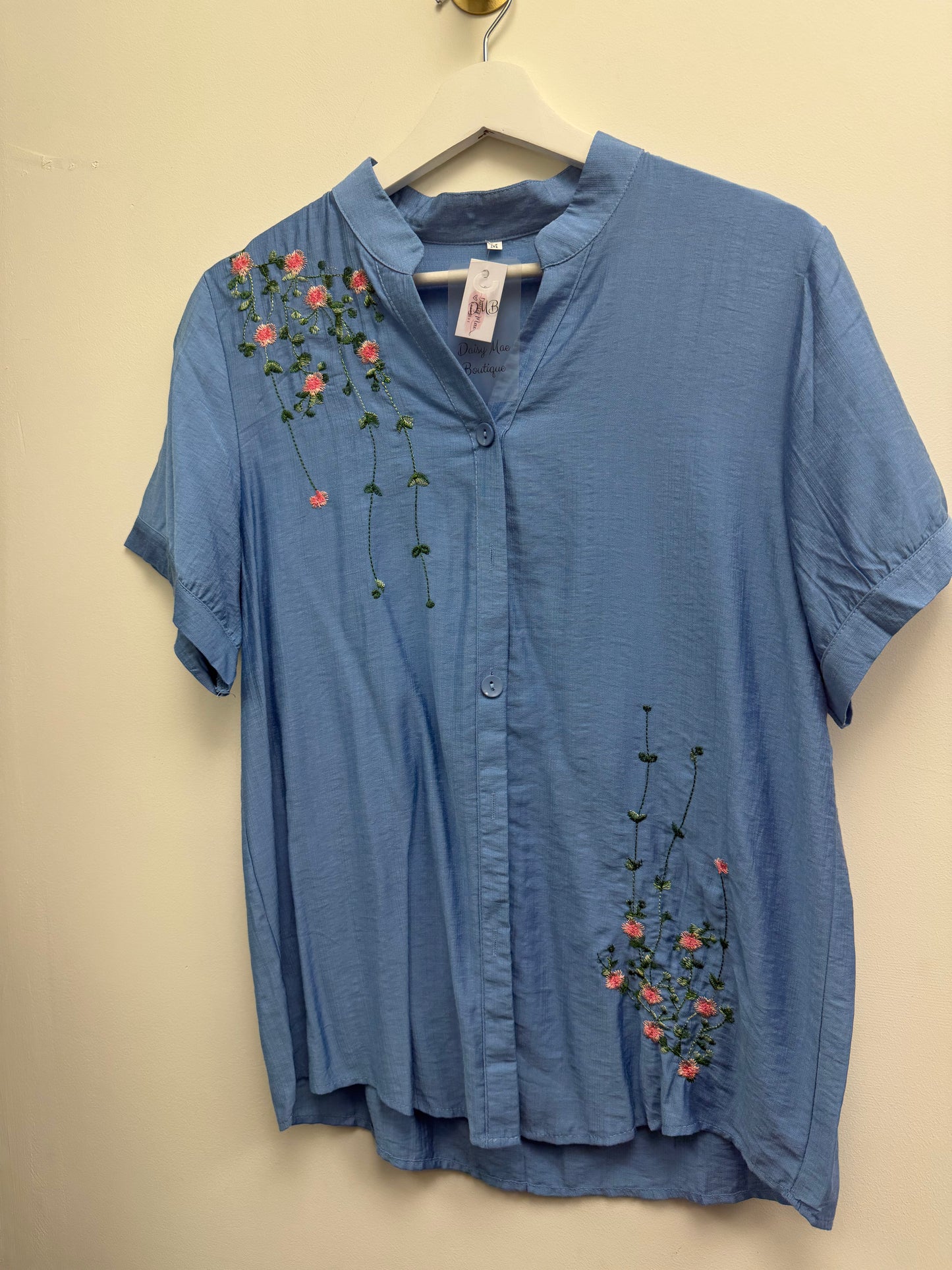 DMB Denim Blue Embroider Floral Short Sleeve Blouse