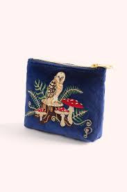 Powder VELVET ZIP POUCH - EMBROIDERED VELVET MINI POUCH - WOODLAND OWL