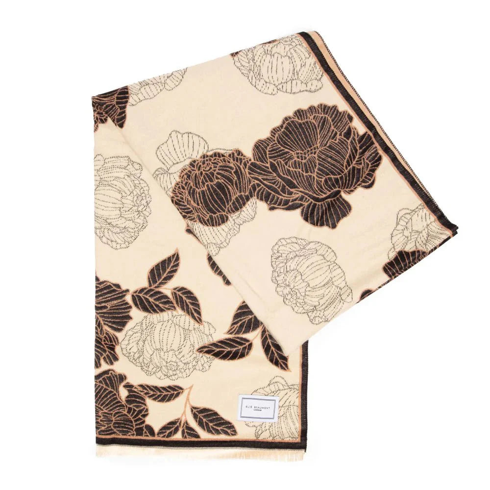 Elie Beaumont Winter Scarf - Black & Ivory Peonies - Daisy Mae Boutique