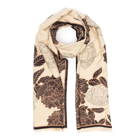 Elie Beaumont Winter Scarf - Black & Ivory Peonies - Daisy Mae Boutique
