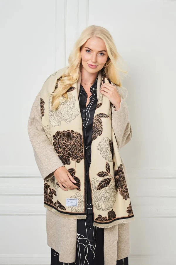 Elie Beaumont Winter Scarf - Black & Ivory Peonies - Daisy Mae Boutique