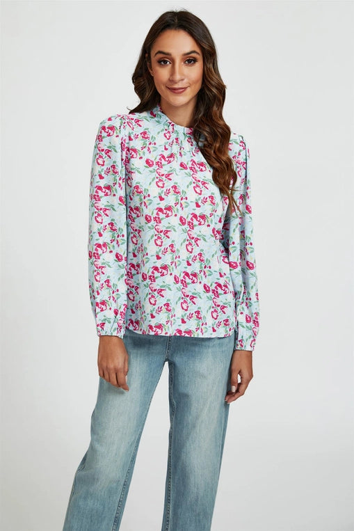 FS Collection Floral Print Frill High Neck Blouse