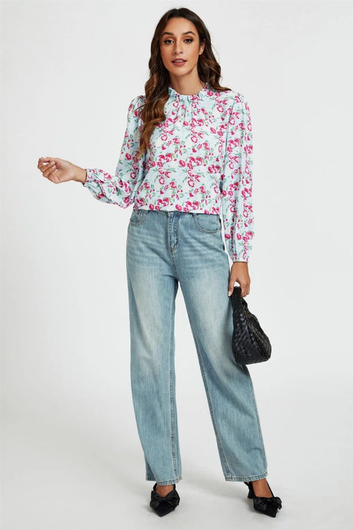 FS Collection Floral Print Frill High Neck Blouse