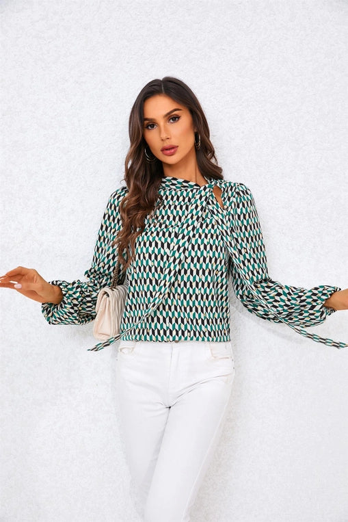 FS Collection Geo Print Side Tie Blouse in Green