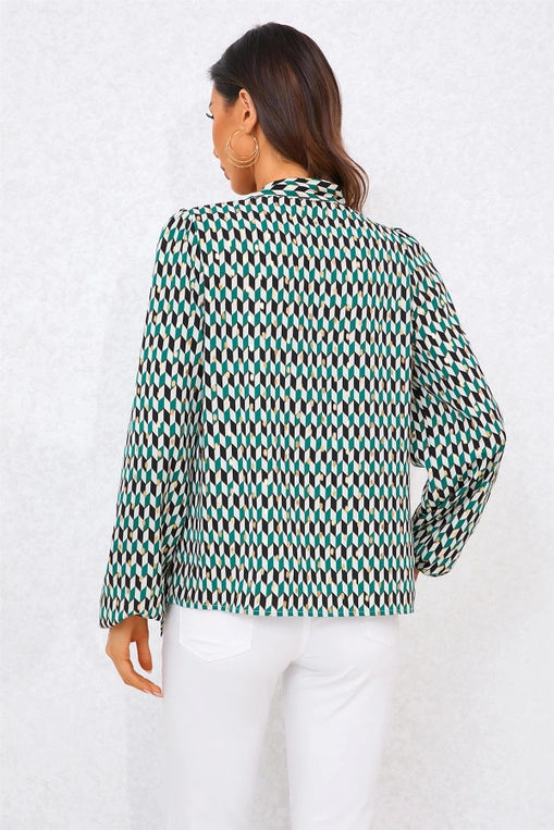 FS Collection Geo Print Side Tie Blouse in Green