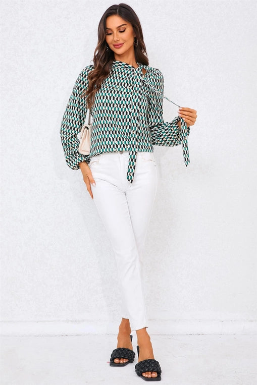 FS Collection Geo Print Side Tie Blouse in Green