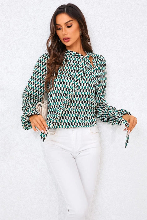 FS Collection Geo Print Side Tie Blouse in Green