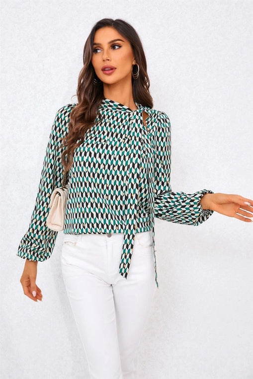 FS Collection Geo Print Side Tie Blouse in Green