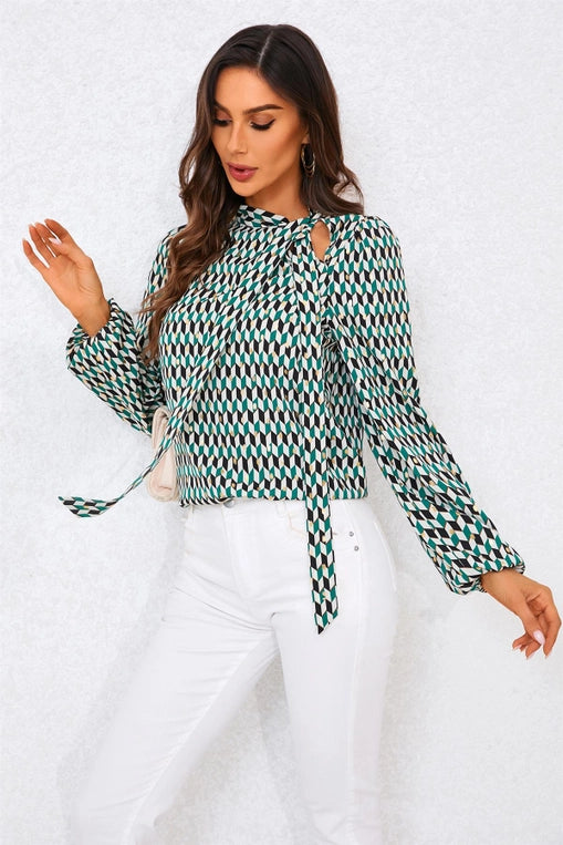 FS Collection Geo Print Side Tie Blouse in Green