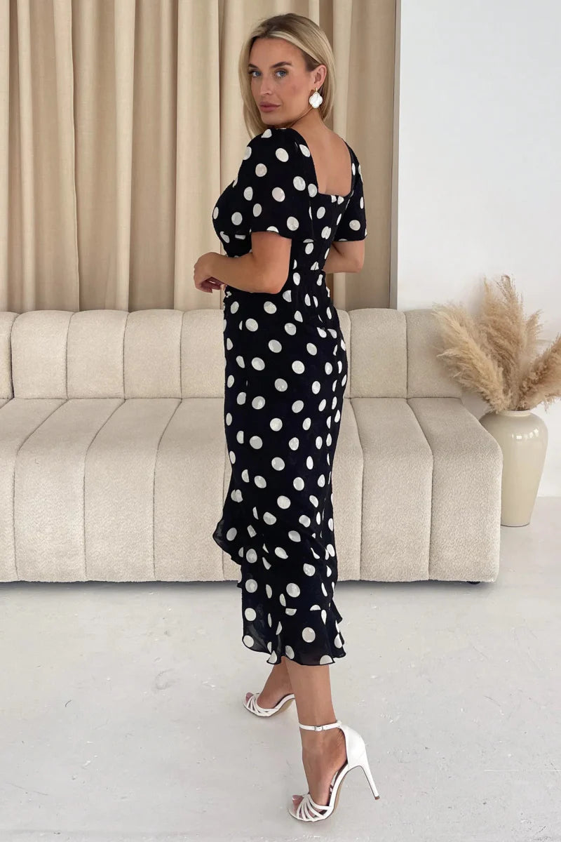 GIM Heidi Spot Burnout Ruched Midi Dress - Daisy Mae Boutique