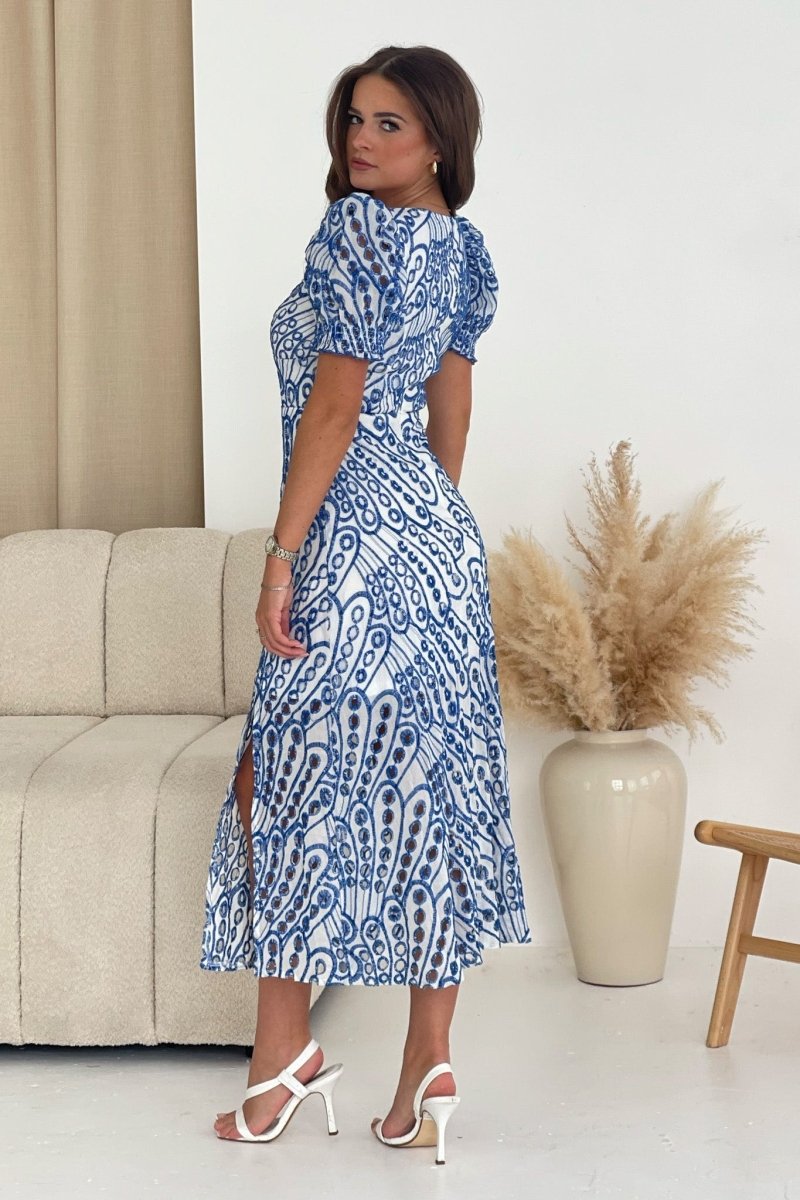 GIM Lillian Blue Broderie Midi Dress - Daisy Mae Boutique