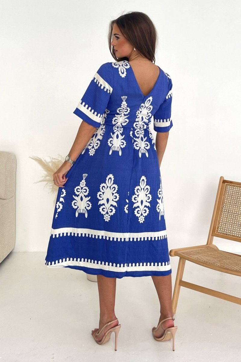 GIM Suzanne Cobalt Border Midi Dress - Daisy Mae Boutique