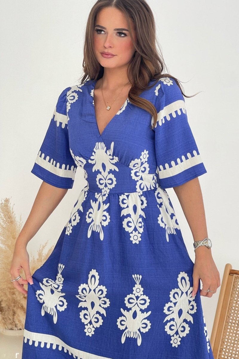 GIM Suzanne Cobalt Border Midi Dress - Daisy Mae Boutique