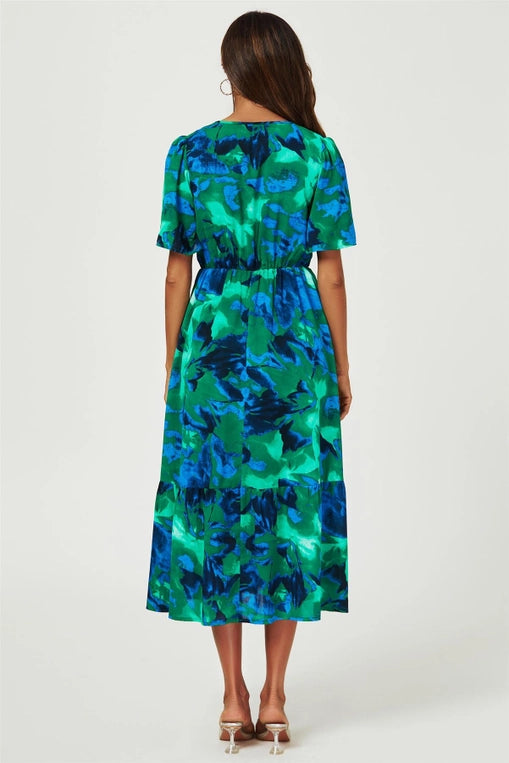 FS Collection Green Angel Sleeve Floral Maxi Dress