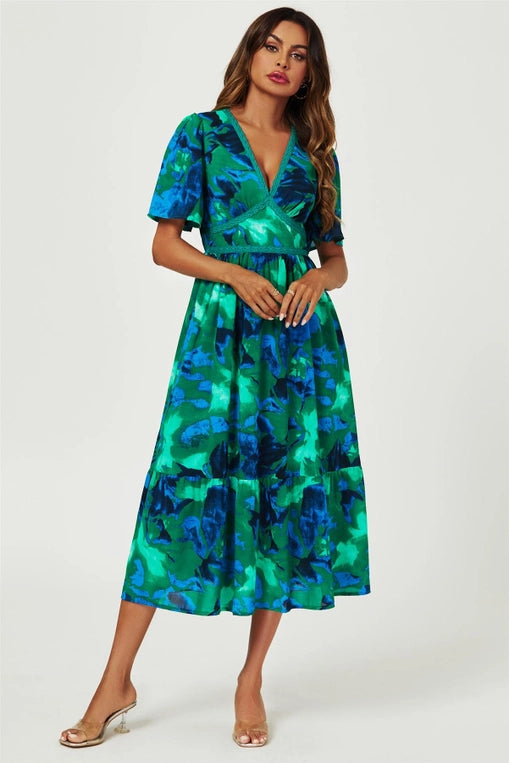 FS Collection Green Angel Sleeve Floral Maxi Dress