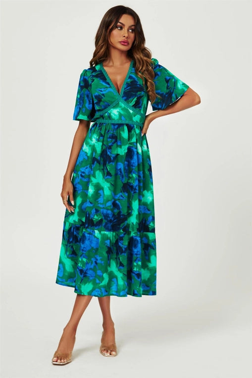 FS Collection Green Angel Sleeve Floral Maxi Dress