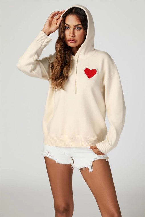 FS Collection Heart Embroidered Cream Hoodie